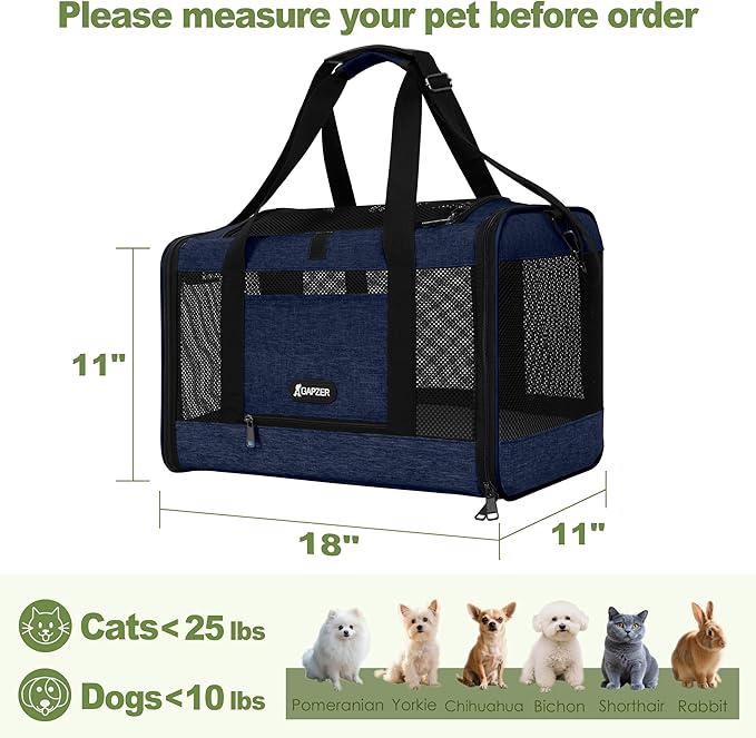 Cat Carrier 18x11x11 United Airline Approved, Top Loader Heavy Duty Softshell Pet Flying Bag 18lbs, Small Dog Chihuahua Crate 5-10 Pounds, Kitty Transport Kennel, Miniature Poodle Case Navy-PawvioPets