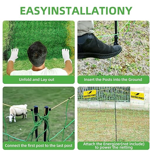 Electric Fence Netting,164'Lx49.6"H, Electric Livestock Netting with 14 Double Barbed Poles, Suitable for Pigs, Cows, Sheep and Other Large Animals, Portable Electric Fence for Farms, Ranches-PawvioPets