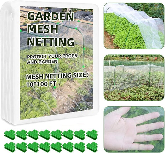 Garden Netting Mesh, 10X100 FT Garden Netting with 16 Cilps & Ultra Fine Mesh Net Bird Barrier Protection for Garden Vegetables Flowers Shrubs Fruit Trees Indoors & Outdoors Plant Beds Greenhouse-PawvioPets