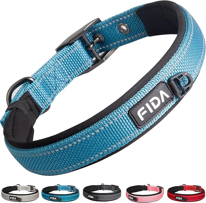 Fida Heavy Duty Dog Collar, Ultra Comfortable Soft Neoprene Padded, Adjustable Reflective Nylon Pet Collar with Durable Metal Belt Buckle for Large Breeds (L, Blue)-PawvioPets