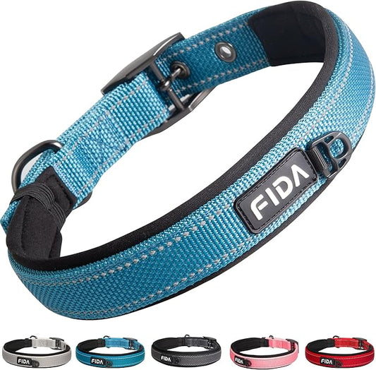 Fida Heavy Duty Dog Collar, Ultra Comfortable Soft Neoprene Padded, Adjustable Reflective Nylon Pet Collar with Durable Metal Belt Buckle for Large Breeds (L, Blue)-PawvioPets