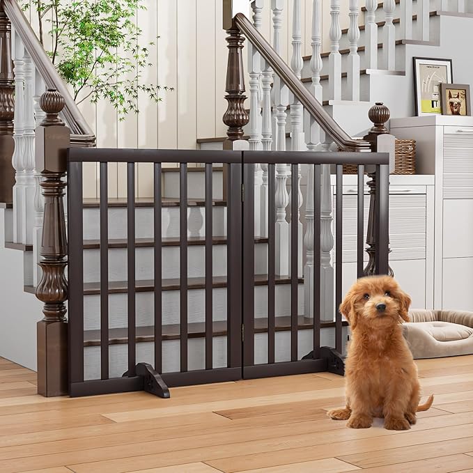 Freestanding Foldable Dog Gate 2 Panel,Fully Assembled Dog Gates for Doorways, Wooden Pet Gates for The House, 24-inch Tall Pet Gate Indoor-PawvioPets
