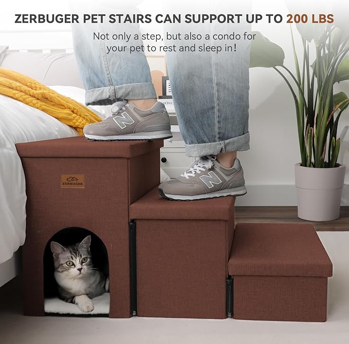 Dog Stairs with Condo 18" H, 3-Step Wider Dog Steps for High Beds Couch, Folding Storage Pet Stairs Gift for Small/Medium/Large Old Dogs Cats, Ramp for Climbing Car Up to 200 lbs, Brown-PawvioPets