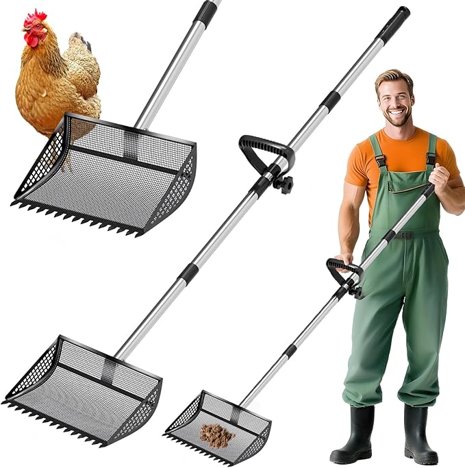 12 Inch Chicken Poop Scooper & Rake 2-in-1, Large Metal Shovel Head, Rubber Handle Stainless Steel Chicken Litter Scoop for Chicken Coops, Litter Screening Scoop (35 to 65in) US Patent Pending (Black)-PawvioPets