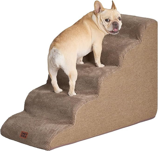 EHEYCIGA Curved Dog Stairs Ramp for High Beds 22.6" H, 5-Step Dog Steps for Small Dogs and Cats, Pet Stairs for High Bed Climbing, Non-Slip Balanced Pet Step Indoor, Camel-PawvioPets