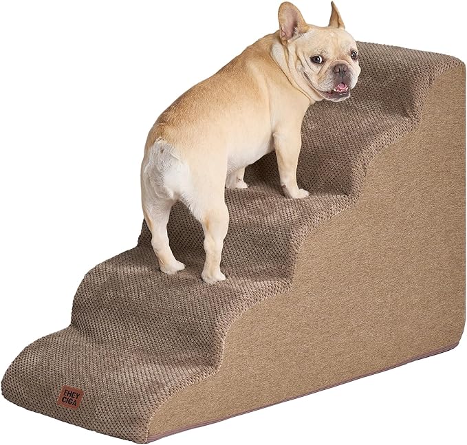EHEYCIGA Curved Dog Stairs Ramp for High Beds 22.6" H, 5-Step Dog Steps for Small Dogs and Cats, Pet Stairs for High Bed Climbing, Non-Slip Balanced Pet Step Indoor, Camel-PawvioPets