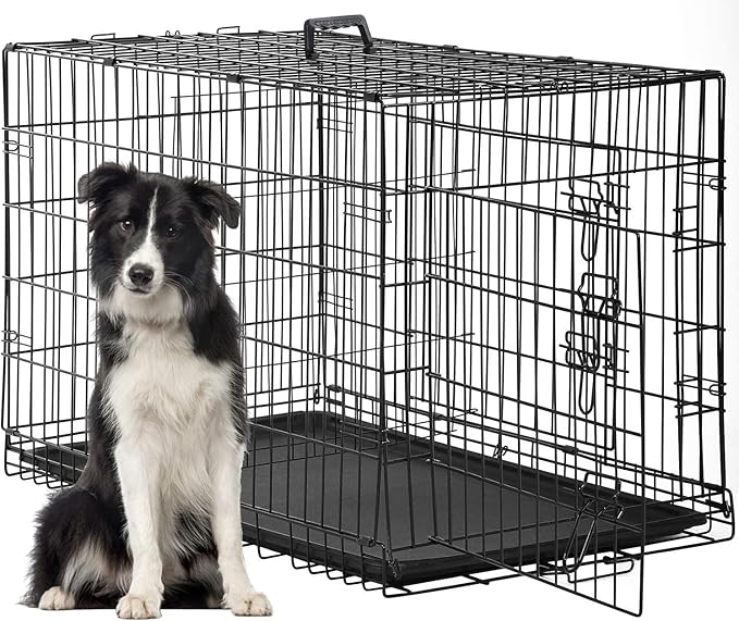 FDW Dog Crate for Large Dogs 48 Inch Folding Metal WirePet Cage Double Door W/Divider Panel Indoor Outdoor Kennel Leak-Proof Plastic Tray,Black-PawvioPets