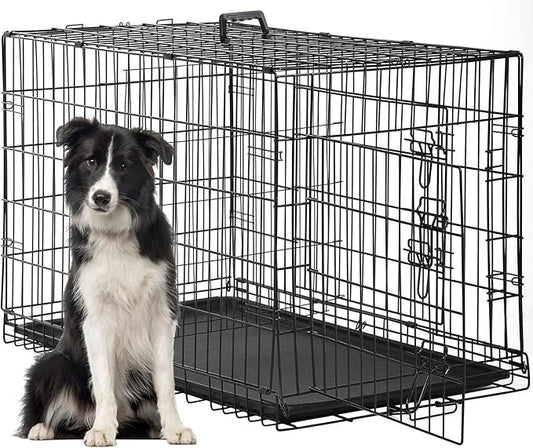 FDW Dog Crate for Large Dogs 48 Inch Folding Metal WirePet Cage Double Door W/Divider Panel Indoor Outdoor Kennel Leak-Proof Plastic Tray,Black-PawvioPets
