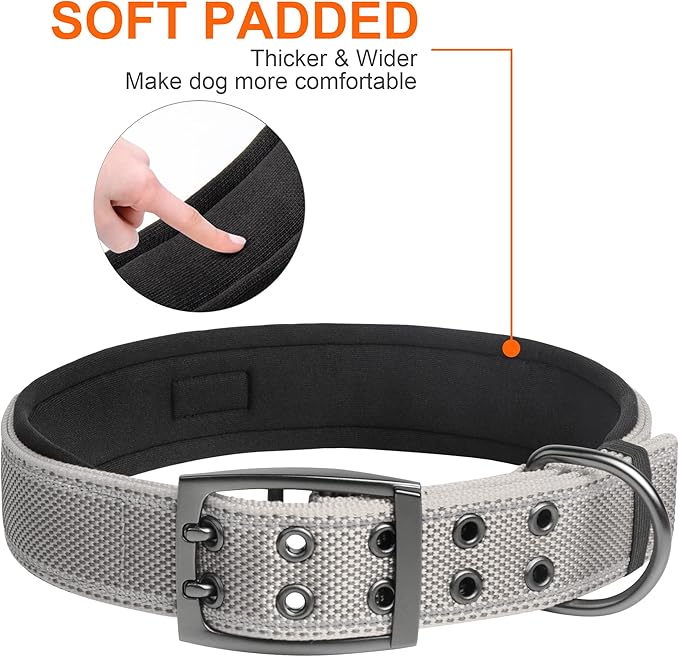 Fida Heavy Duty Dog Collar 1.5” Width, Ultra Soft Neoprene Padded, Adjustable Reflective Nylon Pet Collar with Two Metal Pin Belt Buckle for Large/X-Large Breeds (XL, Grey)-PawvioPets