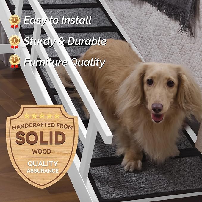 Dog Ramp for Bed or Couch, Wooden Pet Ramp with 20° Gentle Slope, Removable Side Rails, Non-Slip Surface, Top Platform & Wheels, Safe Bed Ramp for Small, Medium & Senior Dogs, 74" Long, White-PawvioPets