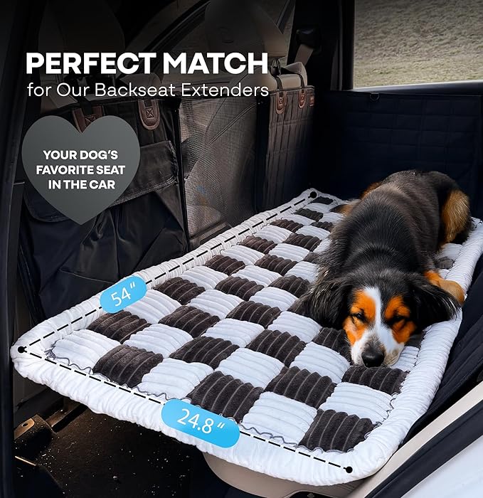APetsPlanet Dog Bed for Car Back Seat Extender - Non-Slip Backseat Cushion for Dogs - Travel Plush Pet Mat Topper for Cars, Trucks, SUVs - Machine Washable Pad Blanket - Black Plaid, 54" x 24.8"-PawvioPets