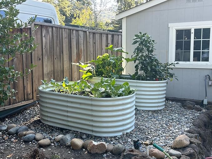 A ANLEOLIFE 8X4X2 ft Galvanized Raised Garden Beds Outdoor, Oval Large Metal Deep Root Planter Box for Planting Vegetables Flowers Herb, Anti-Rust & Easy-Setup, Antique White-PawvioPets