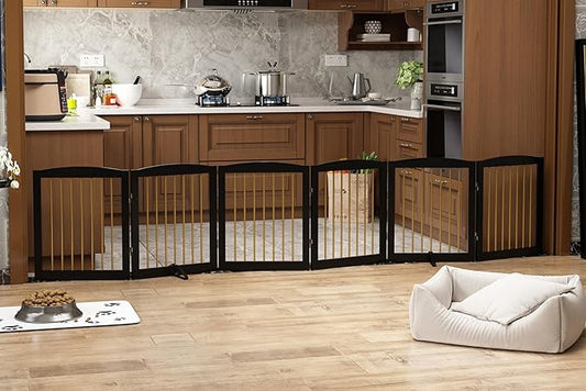 Freestanding Pet Gate for Dogs, Foldable Wooden Dog Gate for House, Extra Wide Indoor Pet Barrier for Stair, Doorway, Hall, Support Feet Included, 120 Inch Wide, 6 Panels 24",Black&Gold-PawvioPets