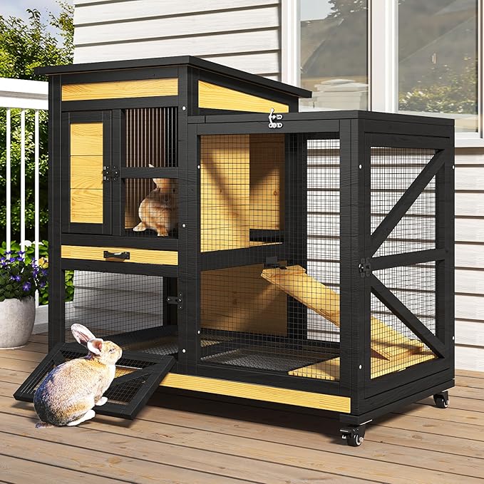 40'' Rabbit Cage Bunny Cage Indoor, Outdoor Rabbit Hutch for Small Animals, 2-Story Wooden Guinea Pig Cages with Wheels & 2 Deeper No Leak Trays, Waterproof Openable Roof & Bottom Wire Mesh-PawvioPets