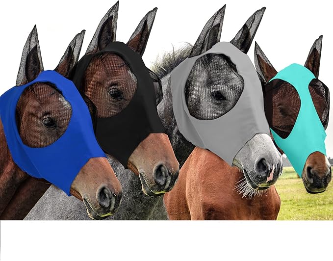 Frienda 4 Pcs Horse Fly Masks with Ears Head Fly Masks for Horses Smooth Elastic UV Protection Cover from Summer Insect Pests(Medium,Black, Gray, Blue, Mint Green)-PawvioPets