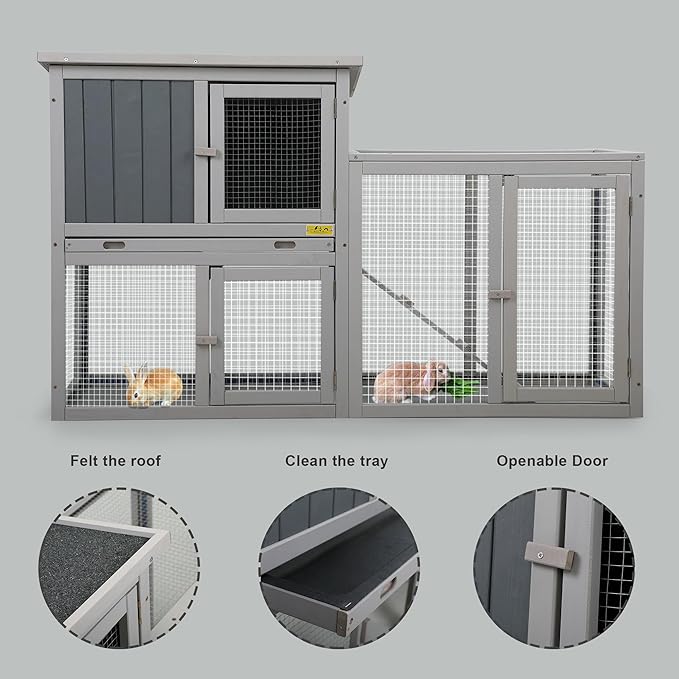 Assembled Wooden Indoor & Outdoor Rabbit Hutch, 2 Story Small Animal House Habitat, Durable Pet Bunny House Cage with Cleaning Tray, for Bunny Chick Duck Hamster (Grey)-PawvioPets