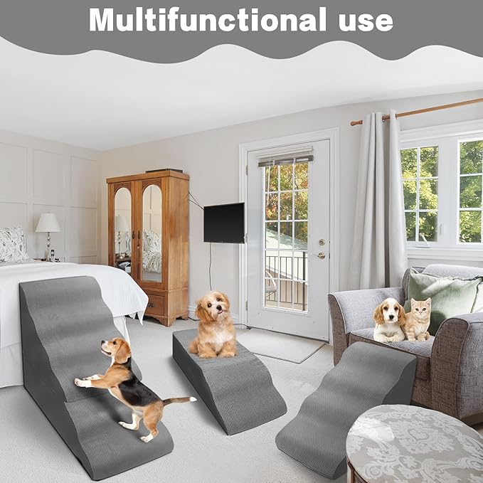 Dog Stairs for High Beds 30-36 inches Tall, 6-Step Dog Steps for Bed 32-36 inches for Small Large Dogs, Dog Ramp for Bed, 30D Foam Pet Stairs/Steps for High Beds for Old Dogs/Cats, Grey-PawvioPets