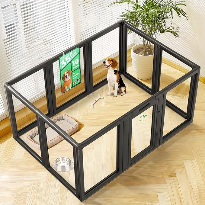 FXW AuraSpace Acrylic Indoor Unleashed Dog Playpen for Medium Dogs, 35 Inch, 10 Panels, Black-PawvioPets