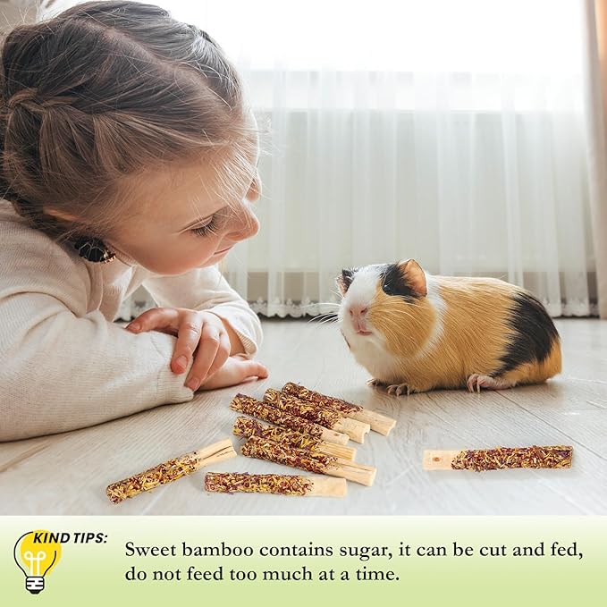 Abizoo Natural Rabbit Chew Toys,10 Sticks Sweet Bamboo Sticks for Rabbits with Petals,Bunny Chew Toys for Guinea Pig,Chinchilla,Hamster Treats Pet Wood Chews Snack Healthy Small Animals Toys for Teeth-PawvioPets