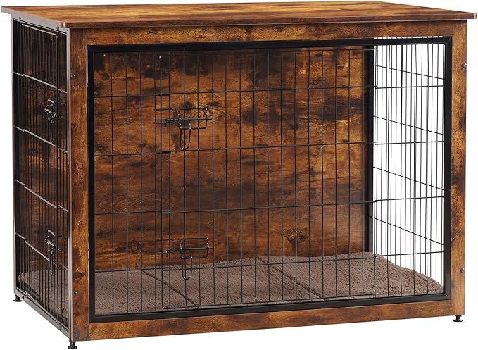 DWANTON Dog Crate Furniture with Cushion, Wooden Kennel Table with Double Doors, Indoor Dog House, Extra Large Size, 43.3" L, Rustic Brown-PawvioPets