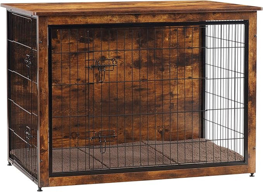 DWANTON Dog Crate Furniture with Cushion, Wooden Kennel Table with Double Doors, Indoor Dog House, Extra Large Size, 43.3" L, Rustic Brown-PawvioPets