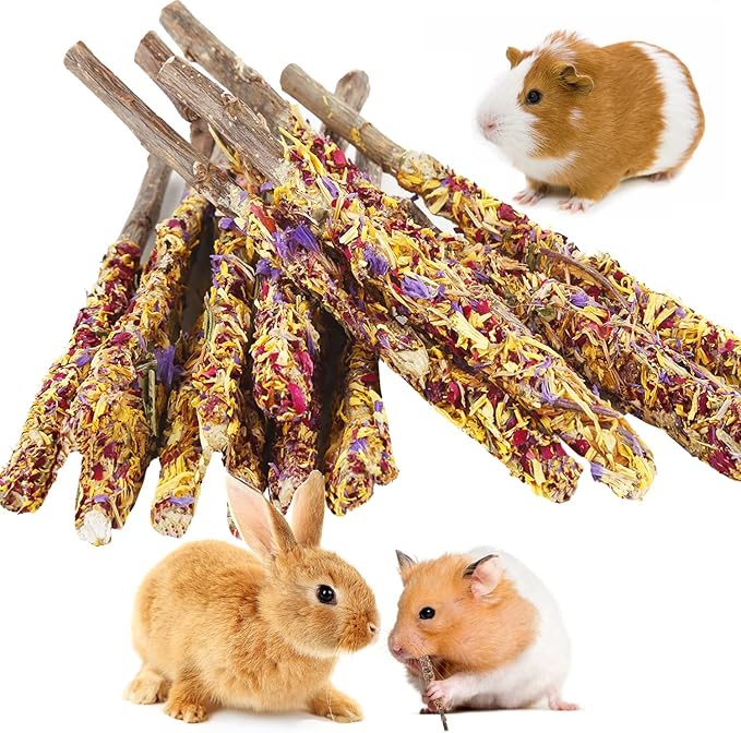 Abizoo Bunny Chew Toys for Rabbits,18PCS Natural Apple Wood Sticks with Petals Good for Chinchillas Guinea Pig Hamster Teeth Care, Bunny Small Pet Treats Teething Toys| Natural Organic Safe-PawvioPets