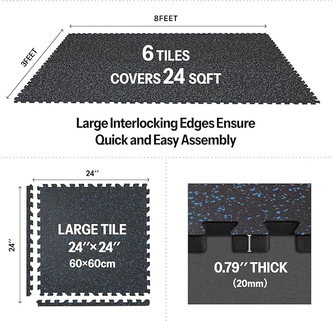 AIRHOP 0.79in Thick 24 Sq Ft Exercise Equipment Mats, 6 Tiles Upgraded Rubber Top with High Density EVA Foam, Large Interlocking Puzzle Gym Flooring for Home Gym, Heavy Weight Workout,Black & Blue-PawvioPets