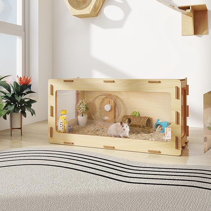 COZIWOW Wooden Hamster Cage Chewproof, Bigger World - 32" Large Hamster Cages and Habitats, Openable Top & 3 Side Acrylic Sheets, Small Animal Cage Pet House for Syrian Dwarf Guinea Pig Chinchilla-PawvioPets