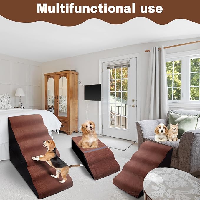 Dog Steps for High Beds 30-32" H - 6-Step Dog Stairs for Small Dogs, 33D Foam Pet Steps for High Bed with Non-Slip Bottom and Washable Cover, Dogs Ramp for Bed Indoor, Brown-PawvioPets