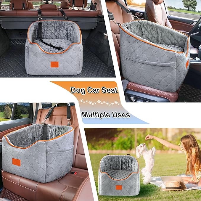 Dog Car Seat for Small Dogs, Memory Foam Booster Dog Seat for Dogs up to 35 lbs, Elevated Pet Car Seat with Washable Removable Cover, Storage Pockets (Gray)-PawvioPets