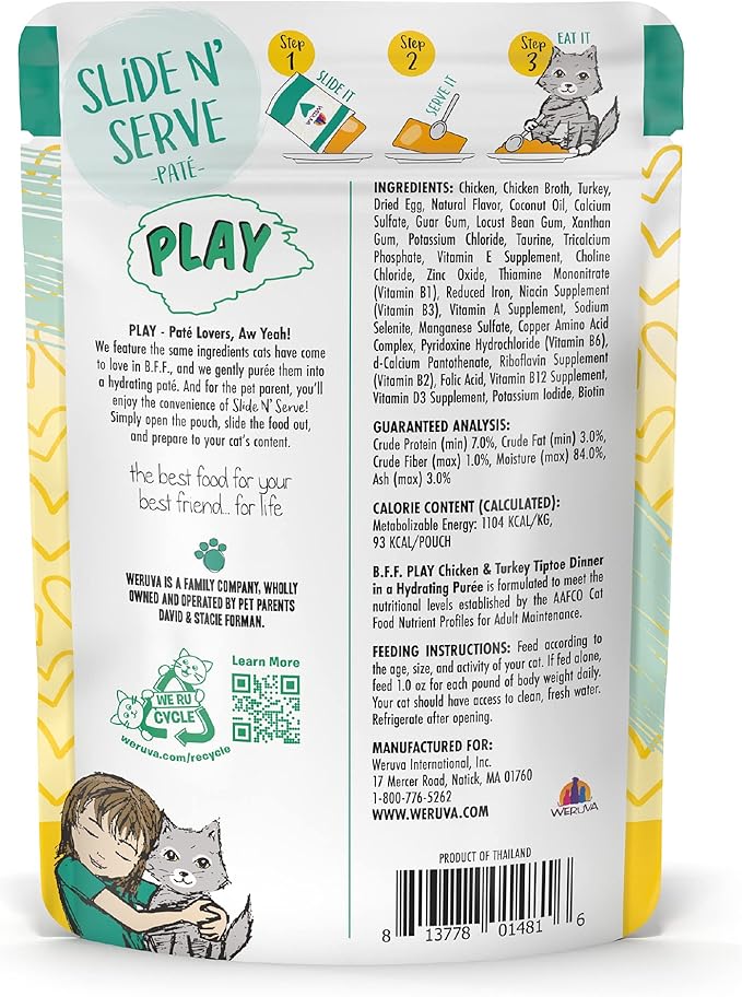 B.F.F. PLAY - Best Feline Friend Paté Lovers, Aw Yeah!, Chicken & Turkey Tiptoe with Chicken & Turkey, 3oz Pouch (Pack of 12)-PawvioPets