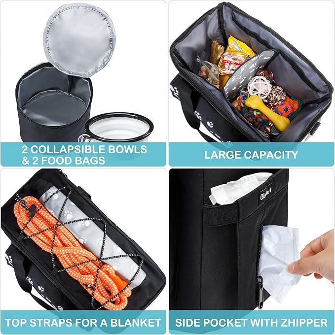 Dog Travel Bag, Airline Approved Dogs Bags for Traveling, 2 Dog 's Food Travel Container and Collapsible Bowls, Weekend Pet Travel Bags-PawvioPets