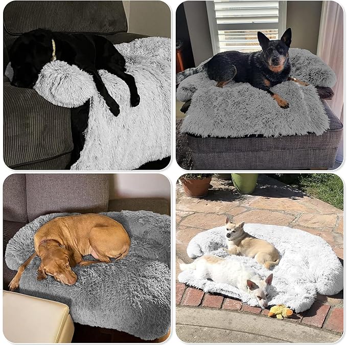GGIB Calming Dog Bed Fluffy Plush Dog Mat for Furniture Protector with Removable Washable Cover for Large Medium Small Dogs and Cats (Large, Grey)-PawvioPets