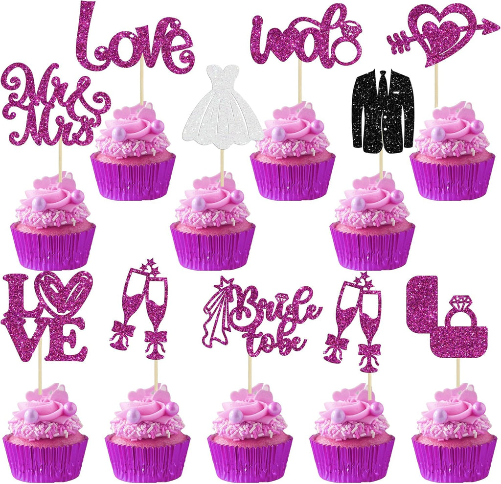 Ephlyn 30Pcs Bride to be Cupcake Toppers Glitter Wedding Cake Topper Decorations I Do Love Heart Ring Cupcake Picks for Bridal Shower Wedding Engagement Party Supplies Purple