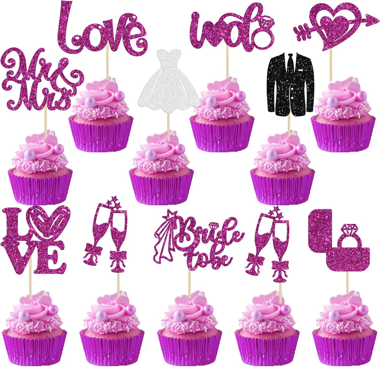 Ephlyn 30Pcs Bride to be Cupcake Toppers Glitter Wedding Cake Topper Decorations I Do Love Heart Ring Cupcake Picks for Bridal Shower Wedding Engagement Party Supplies Purple