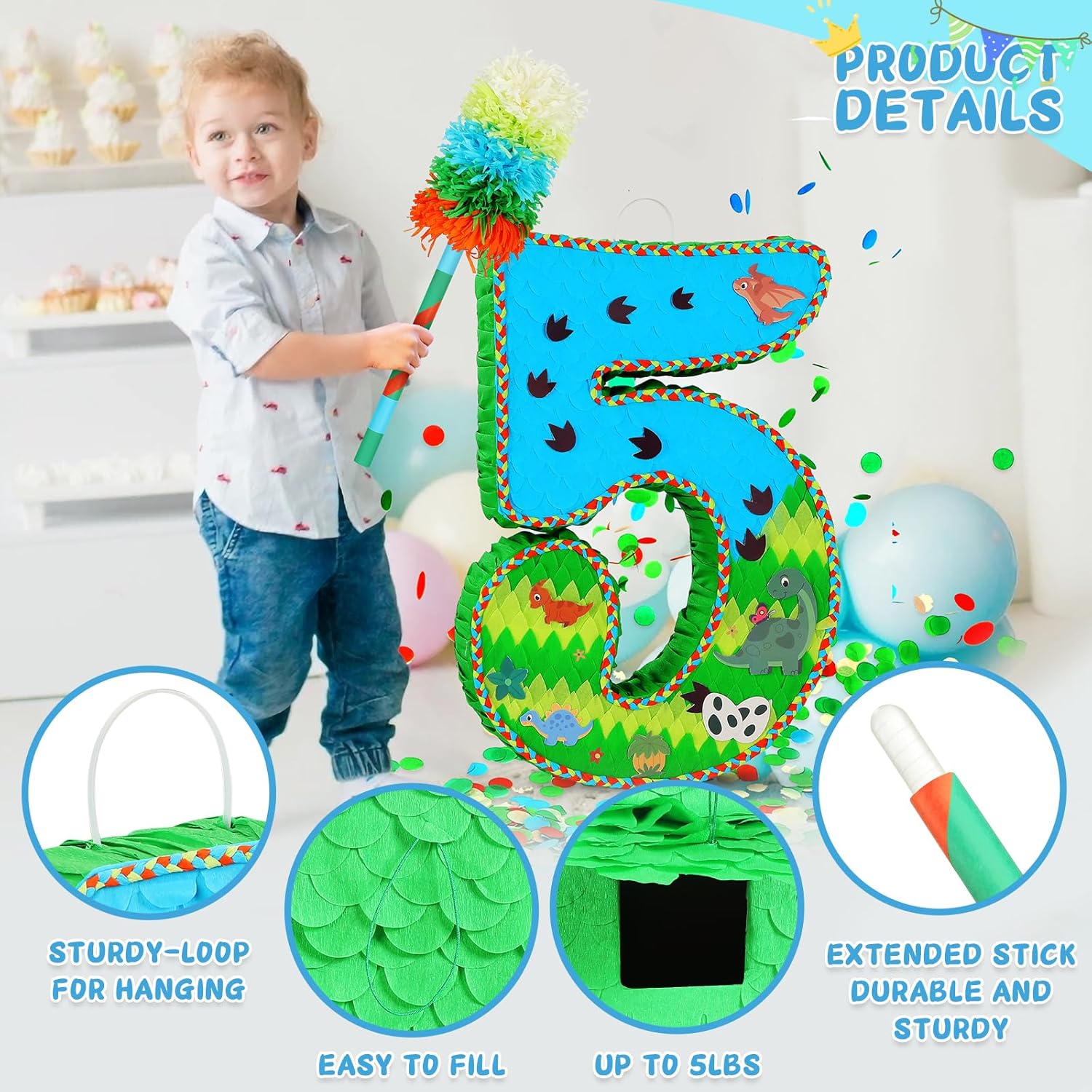 Number 5 Pinata for Birthday Party Decorations, Jungle Dinosaur Piñata Games Toy (5th)