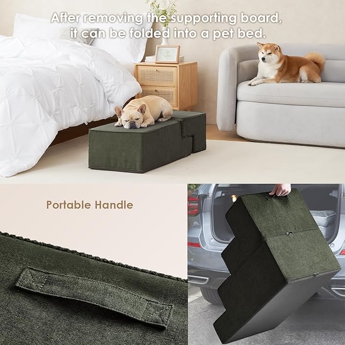 EHEYCIGA Dog Stairs for Bed 20" H, 4-Step Extra Wide Dog Steps for High Bed, Pet Steps for Small Dogs and Cats, Non-Slip Balanced Pet Ramp Indoor, Olive Green-PawvioPets
