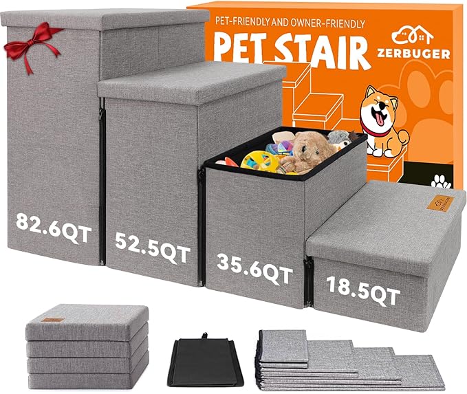 Dog Stairs with Storage 23" H, 4-Step Wider Dog Steps for High Beds Window, Folding Sturdy Pet Stairs Gift for Injured Old Dogs Cats, Ramp for Climbing Car Up to 200 lbs,(Gray, No Condo)-PawvioPets