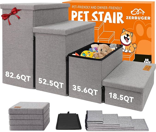 Dog Stairs with Storage 23" H, 4-Step Wider Dog Steps for High Beds Window, Folding Sturdy Pet Stairs Gift for Injured Old Dogs Cats, Ramp for Climbing Car Up to 200 lbs,(Gray, No Condo)-PawvioPets