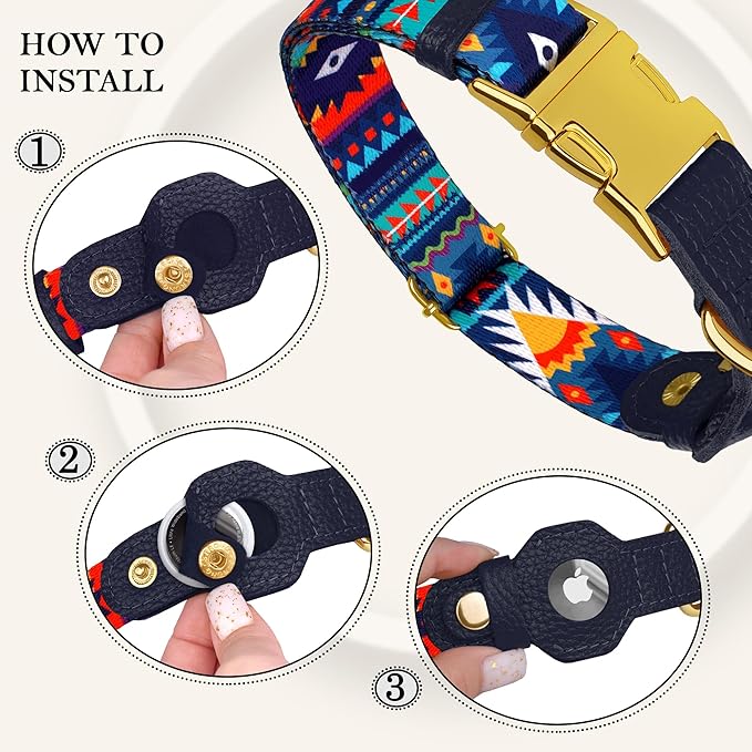 AirTag Dog Collar for Small Medium Large Breed - Adjustable Cute Pattern Dog Collar with Airtag Holder - Soft Leather Tracker GPS Apple Air Tag Pet Collars (X-Large, 20"-25" Neck Fit, Navajo)-PawvioPets