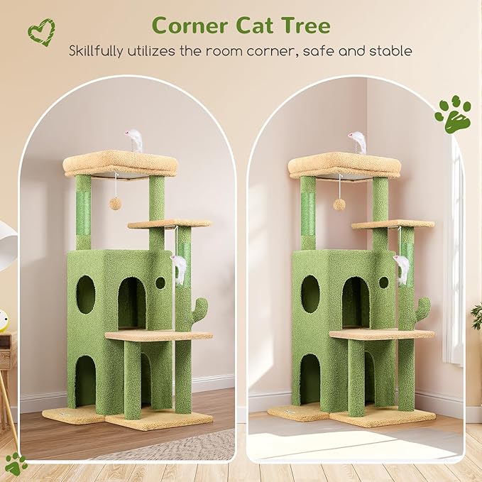 Globlazer Cactus Cat Tree Tower for Indoor Cats, 50-inch Adult Cat Tree House for Large Adult Cats with Steps, Scratching Post, 2 Cat Caves, Dangling Toys, FC50, Green-PawvioPets