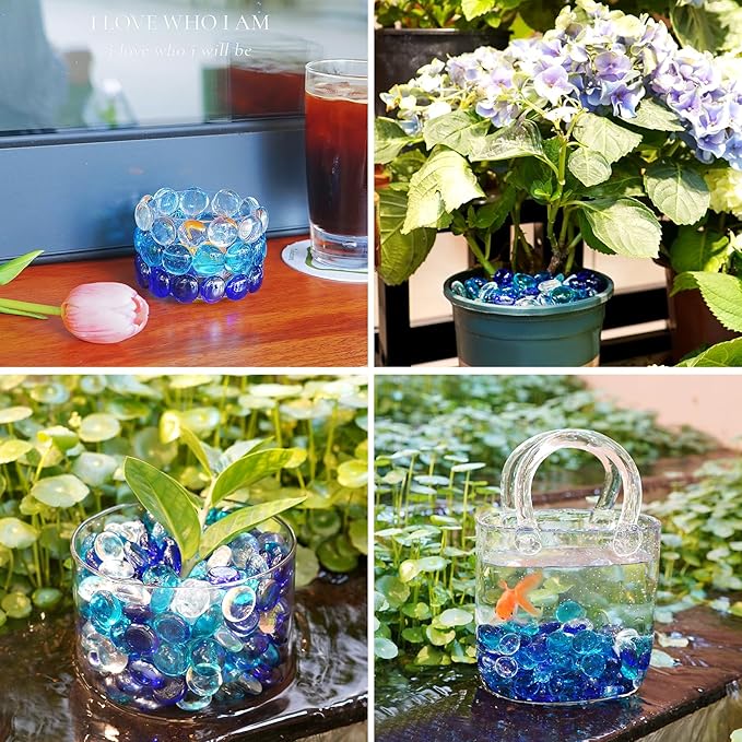 2LB Blue Mix Flat Glass Marbles for Vases, Mancala Stones Gemstone Beads Vase Filler Decorative Glass Pebbles for Fish Tank, DIY Crafts, Aquarium Decor Rocks-PawvioPets