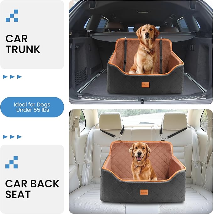 Dog Car Seat for Medium Dogs - Pet Car Seat with 2 Safety Straps & Waterproof Padding, Portable Pet Carrier for Cars, Trucks & SUVs, Comfortable Booster Bed for Pets Up to 55lbs (Black/Coffee)-PawvioPets