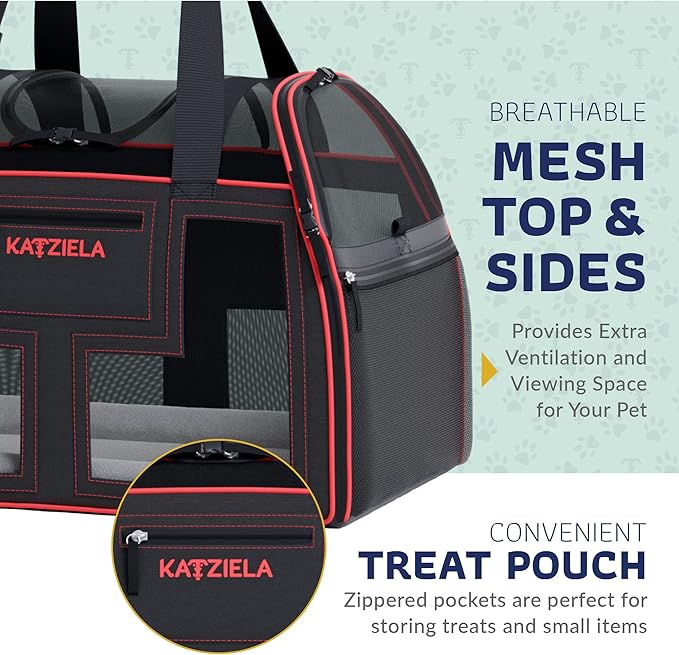 Airline Compliant Pet Carrier - Rolling Portable Travel Carry Crate for Small Dog Puppy or Cat - Soft Removable Wheeled Design with Mesh Window Sides - Airplane and TSA Compliant- by Katziela-PawvioPets