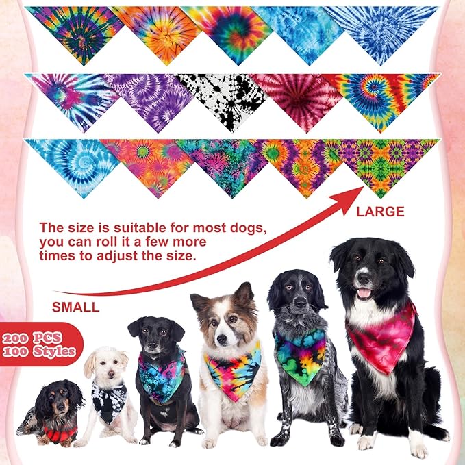 200 Pcs Dog Bandanas Bulk Pet Bibs Colorful Triangle Scarf Pet Bandanas for Medium Large Dogs Spring Summer Birthday Costume Decoration (Tie Dye)-PawvioPets