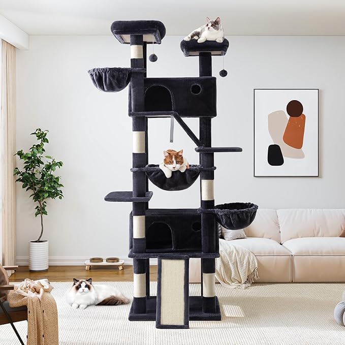 Allewie 81 Inches Tall Cat Tree/Multi-Level Large Climbing Tree House and Towers for Big Feline/Condo and Hammock/Scratching Post/Wide Base/Dark Grey-PawvioPets