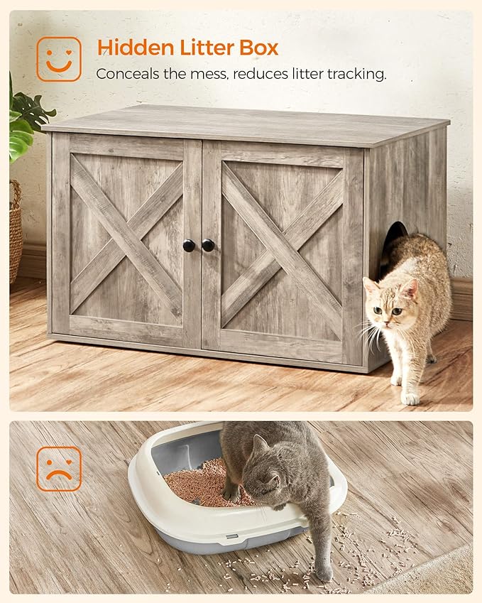Feandrea Cat Litter Box Enclosure, Litter Box Furniture Hidden with Removable Divider, Indoor Cat House, End Table, 31.5 x 20.9 x 19.7 Inches, Greige UPCL002G01-PawvioPets