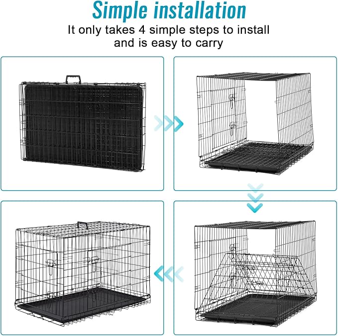 FDW Dog Crate for Small Dogs 24 Inch Folding Metal WirePet Cage Double Door W/Divider Panel Indoor Outdoor Kennel Leak-Proof Plastic Tray,Black-PawvioPets