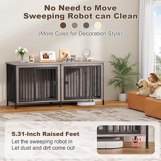 EasyCom 78 Inch Dog Cage Furniture for 2 Pets with Divider, XXL Wooden Double Dog Crate Furniture TV Stand for Mideum and Large Breed, Durable and Sturdy-PawvioPets