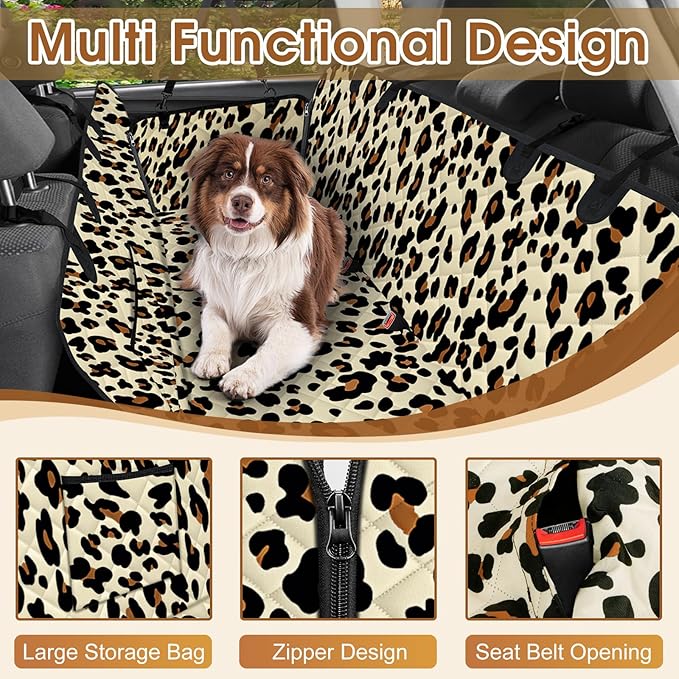Dog Car Seat Cover, Durable Waterproof Scratch Proof Nonslip Dog Hammock, Back Seat Covers with Pocket for Cars SUVs and Trucks - S, Leopard/Black-PawvioPets